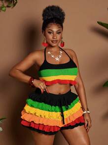 Maweii 大码女式纯色丝带镂空海滩度假性感两件套海滩女士服装夏季女士服装波西米亚风 - 彩色 - 查看 4