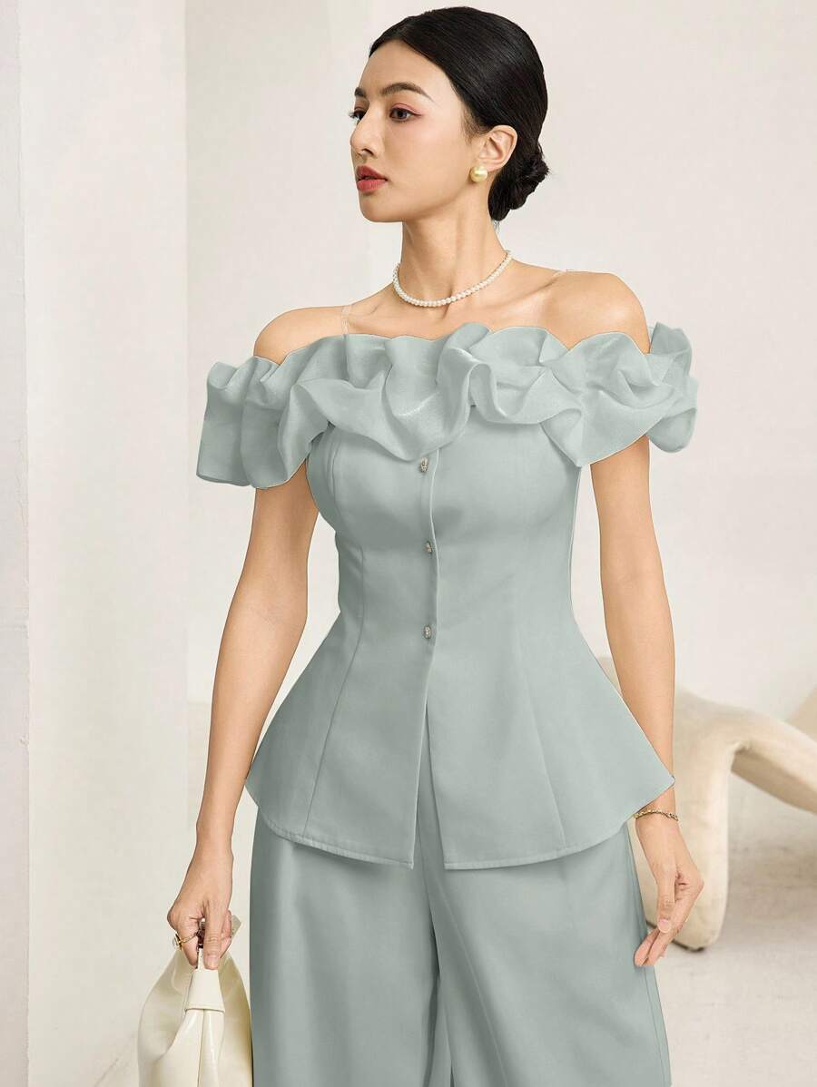 Heiryn 2 件套女士夏季纯色荷叶边露肩上衣和阔腿裤优雅套装 - 藍色 - 查看 1