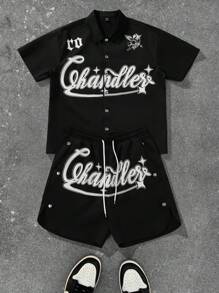Manfinity EMRG Conjunto de camisa de manga corta con estampado de carta de Cupido y pantalón corto con cordón en la cintura, informal y de calle, para hombre, de verano