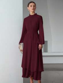 Aveloria Modichic Romantic French Style Layered Hem Decor Waisted Flattering Ruffle Collar Design Chiffon Dress For Women Fall Cloth For Women - Burgundy - View 7