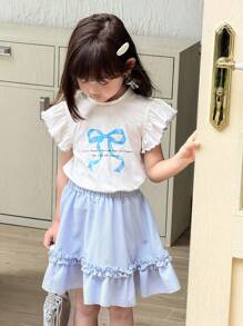 SHEIN Young Girl Casual Bowknot Ruffle Sleeve T-Shirt/Mini Skirt Set - Blue and White - View 3