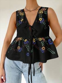 Auralis Plus Size Women Floral Print Sleeveless Tie-Waist Deep V-Neck Bow Shirt Blouse, For Summer - Black - View 6