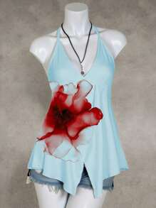 Shutterstock Summer V-Neck Sleeveless Floral Print Backless Vacation Vest For Women, Blue & Red