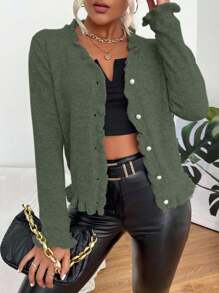 EMERY ROSE Women's Solid Color Long Sleeve Ruffled Single-Breasted Casual Cardigan Fall Winter Cloth For Women - Green - View 4