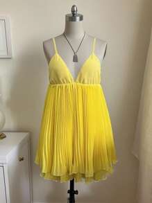 INAWLY Sleeveless V-Neck Backless Mini Slip Yellow Dress, Sexy & Spaghetti Strap - Yellow - View 1
