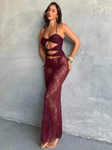 Aloruh Women's New One-Piece Swimsuit, Long Wrap Skirt, Elegant Sexy Romantic Retro Wine Red/Purple Lace Maxi Swimsuit Set, Vacation/Beach Wear, One-Piece Swimsuit - Pink - View 4