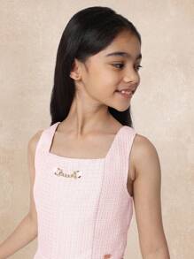 SUMWON 优雅纹理圈圈裙派对休闲春夏特殊场合百褶溜冰迷你裙，配有上衣套装和配套包袋 - 粉色 - 查看 8