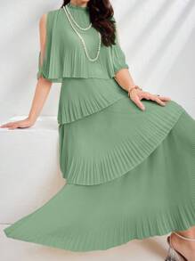 Modelyn Vestido largo de noche con hombros descubiertos de unicolor y manga corta para mujer