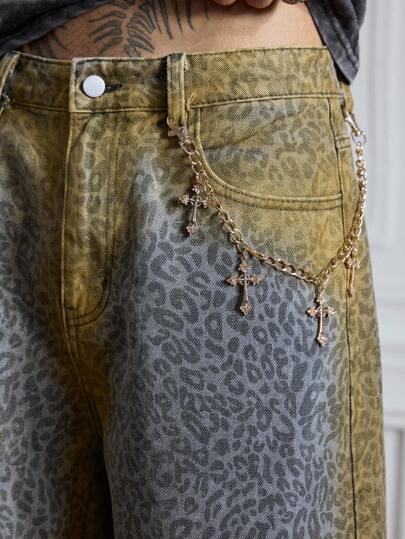 Grunge Punk Men's Leopard Print Denim Shorts, Fashionable For Summer