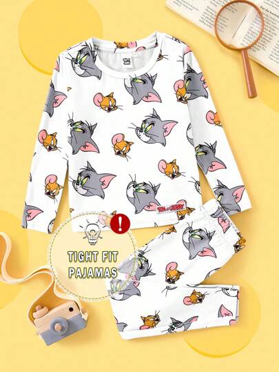 TOM & JERRY X SHEIN Young Boy Cartoon Print Long Sleeve Top And Snug Fit Long Pants Pajama Set, Spring/Autumn Fall Winter
