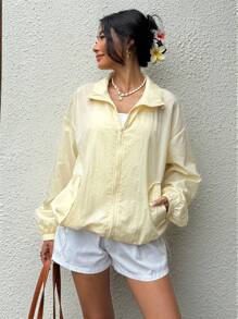 SHEIN EZwear 女式奶油黄色尼龙立领宽松拉链长袖夹克秋冬 - 黃色 - 查看 1