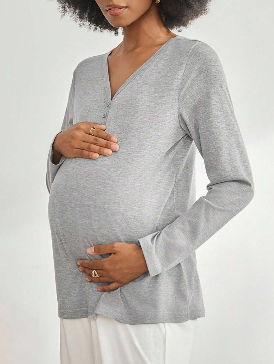 Moonlight&Mama Pijama de maternidad y lactancia informal de unicolor - Gris - Ver 1
