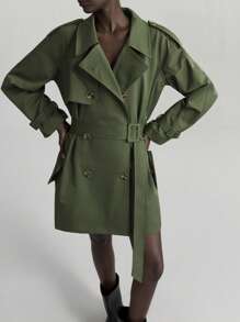Ontre 2025 Women's Green Long Sleeve Double-Breasted Trench Coat, Casual Daily And Commuting Versatile Coat