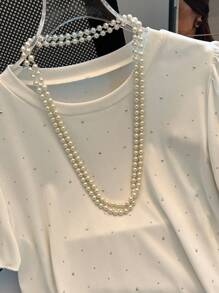 Franclia Autumn Back To School Rhinestone Decor Women T-Shirt - White - View 6