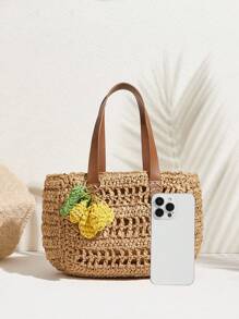 SHECARRY Fashion Casual Vacation Beach Woven Women Top Handle Bags - Khaki - View 5