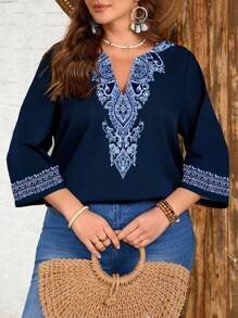 EMERY ROSE Navy V-Neck Faux Embroidery Blouse, Retro Style Plus Size Top - Multicolor - View 4