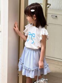 SHEIN Young Girl Casual Bowknot Ruffle Sleeve T-Shirt/Mini Skirt Set - Blue and White - View 7