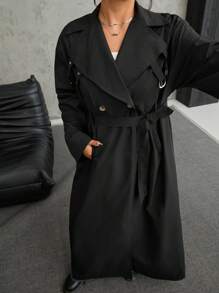 SHEIN EZwear 加大码双排扣纯色休闲长袖长款风衣加大码超大外套 - 黑色 - 查看 8