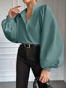 EURMUSE Women's Casual Commute Plain Button Half Open Collar Long Sleeve Blouse