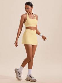 VARSIVA Conjunto deportivo de top y pantalón de unicolor con cuello de halter para mujer - amarillo ganso - Ver 3