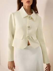 Revavyn White Collar Ornate Metal 3D Floral Button Embellished Elegant Versatile Short Sleeve Mini Formal Blazer Fall Cloth For Women - Yellow - View 4