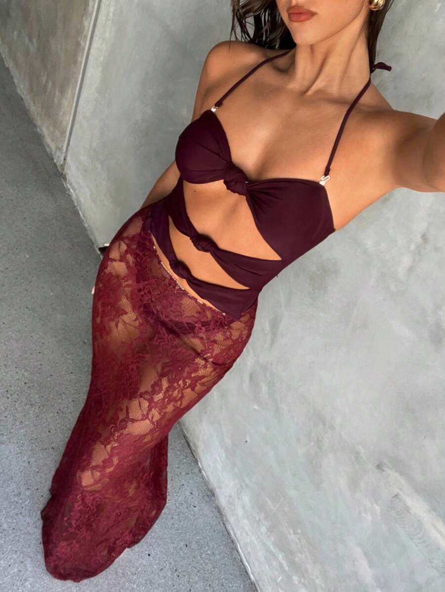 Aloruh Women's New One-Piece Swimsuit, Long Wrap Skirt, Elegant Sexy Romantic Retro Wine Red/Purple Lace Maxi Swimsuit Set, Vacation/Beach Wear, One-Piece Swimsuit - Pink - View 1