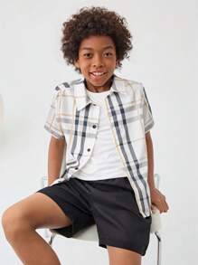 SHEIN Camisa Casual De Manga Curta Xadrez Tecido Plano Com Corte Solto Para Meninos Pré-adolescentes