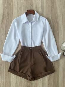 Airaco Bộ đồ nữ áo dài tay màu trơn và quần short, trang phục công sở thường ngày - Nhiều màu - Xem 1
