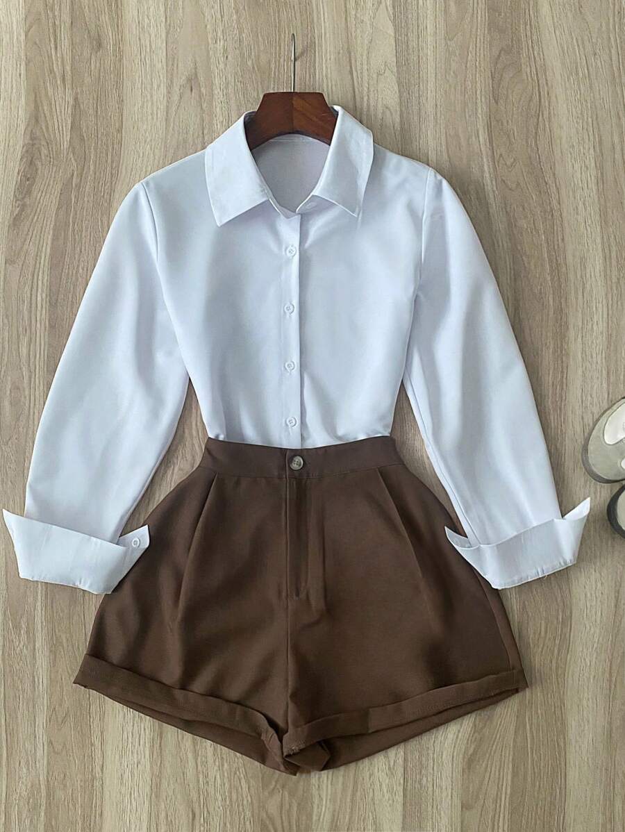 Airaco Bộ đồ nữ áo dài tay màu trơn và quần short, trang phục công sở thường ngày - Nhiều màu - Xem 1