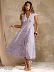 Flirla 大码女式V领短袖褶饰A字中长碎花连衣裙 - 淡紫色 - 查看 3