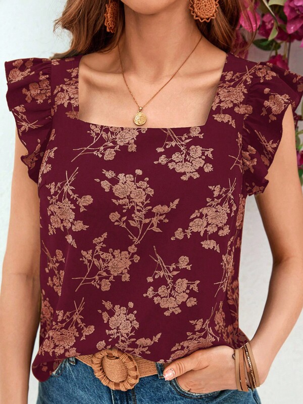 SHEIN VCAY Women's Floral Printed Short Sleeve Square Neckline Shirt For Summer Vacation