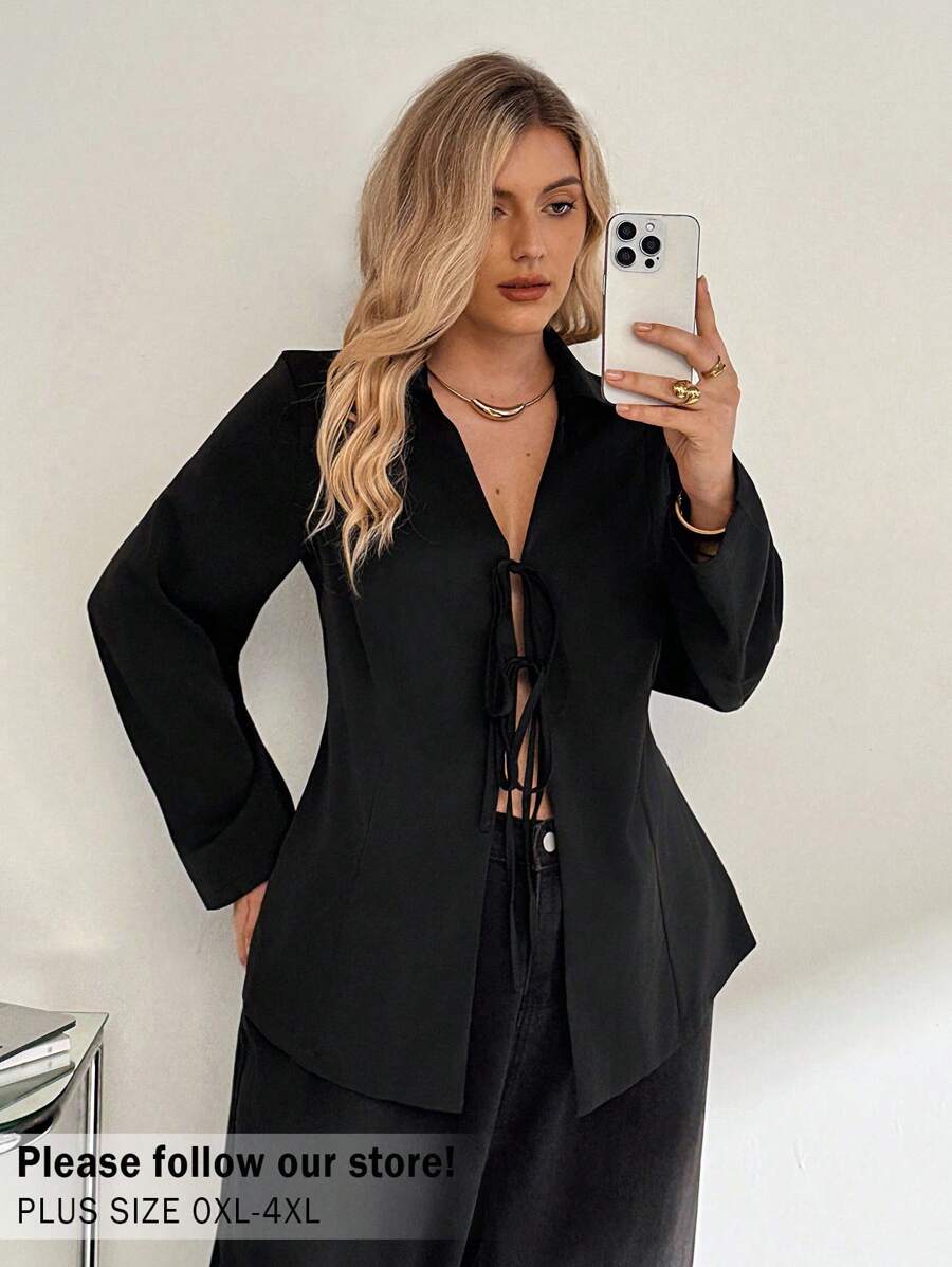 Auralis 大码女式夏秋季胡须领结黑色长袖衬衫、秋季女装、黑色上衣、返校、衬衫、休闲大码、秋装、衬衫、办公室服装、工作女式上衣