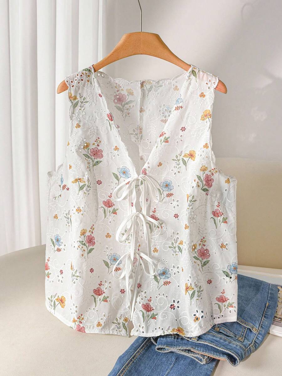 CosyJoli Áo vest không tay in họa tiết lưới cỡ lớn thêu viền vỏ sò thắt nút phía trước
