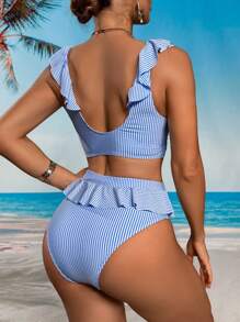 Swim Lushoire Maiô Feminino Listrado Azul & Branco com Decote V Profundo, Moda Férias Praia 2 Peças para Verão e Férias na Praia - Multicolorido - Visão 2