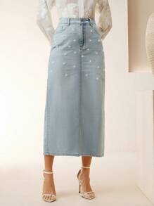 Anewsta Chân váy denim thẳng xẻ tà đính đá pha lê giản dị dành cho nữ - Màu xanh lam - Xem 4