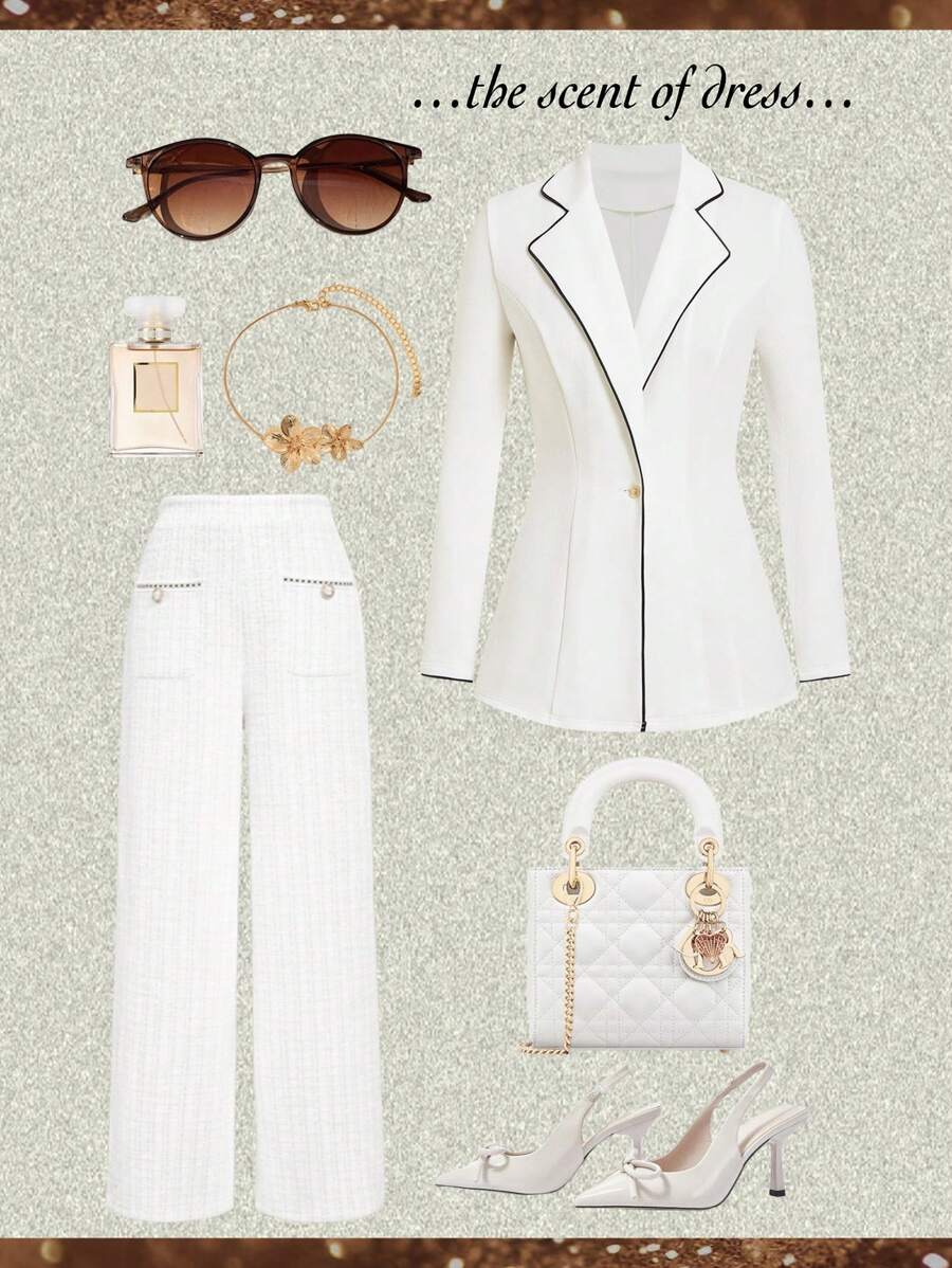 Ellevyn Women's Notch Collar Long Sleeve White With Black Trim Elegant Versatile Autumn/Winter Fitted Blazer Fall/Winter Women Clothes Business Casual Woman Teacher Clothes Fall Clothes For Women Business Casual Woman - White - View 1