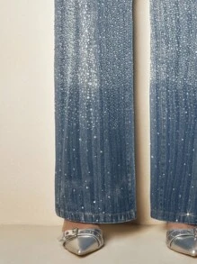 Anewsta Distressed Straight Leg Jeans With Rhinestones, Versatile And Fashionable American Style - Blue - View 1