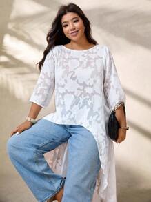EMERY ROSE Blusa casual de mujer talla grande con estampado de peonía, semitransparente y con bajo asimétrico, para verano