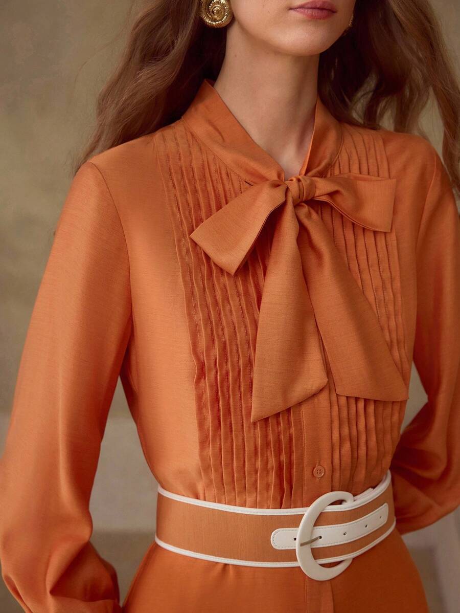 MOTF PREMIUM TIE NECK RUFFLE HEM LONG DRESS - Rust Brown - View 2
