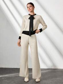 CLARA VERO Woman Bow Tie Neck Contrast Detailed Sweater And Pants Two Pieces Set - Beige - View 3