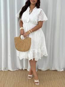 Flirla Plus Size Women Vacation Burnt-Out Embroidery Frill Trim Tie Collar Ruffle Sleeve Midi Dress