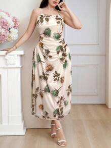 Modelyn 加大码紫色翻领马甲和花卉印花长裙套装，配珍珠纽扣，优雅正式服装两件套