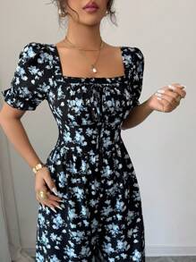 Selianne Women's Elegant Waist Cinched Floral Print Romper With Puff Sleeves, Suitable For Holiday - Black - View 6