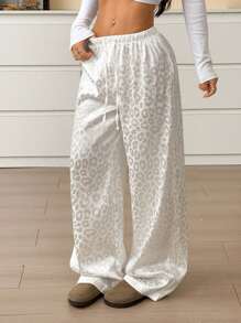 SHEIN EZwear Women's Casual Leopard Print Drawstring Waist Loose Wide Leg Pants - White - View 3