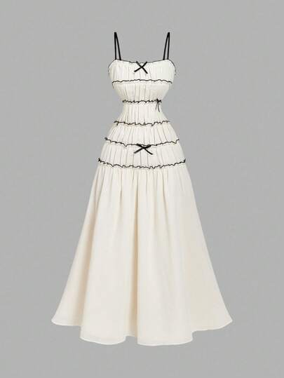 SHEIN MOD 华丽的桃色抹胸拼色褶皱连衣裙 - 梦幻浪漫，带有层叠的荷叶边和蝴蝶结装饰，非常适合约会、派对、节日、茶会和生日