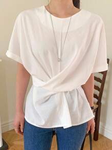 DAZY Blusa de verano con mangas cortas y lazo en la cintura, de color liso y casual para mujer - Blanco - Ver 4