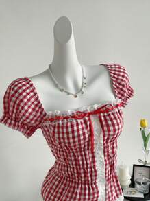 Sweetra French Square Collar Lace Trim Plaid Print Fitted Short Sleeve Blouse With Puff Sleeves Design For Women