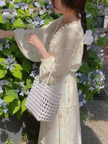 DAZY Damen lang Blümchen Laternärmel Taillenzugband Patchwork Farbblock süßes Boho Urlaubs Kleid