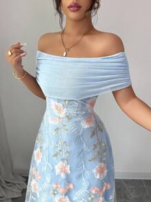 Modelyn 女式网眼拼接刺绣露肩荷叶边镂空夏装