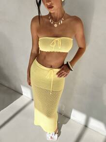 Aloruh 2pcs Women Set - Solid Color Elegant Beachwear Vacation Knitwear Sexy Perspective Butter Yellow Suit Can Be Worn With Bikini Front Tie Cropped Tube Top And Knitted Midi Skirt - Yellow - View 8